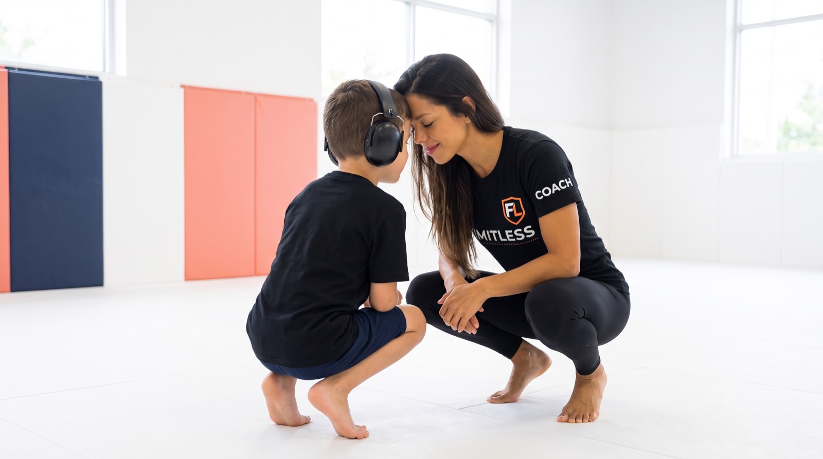 A coach kneels to connect at eye level with a young student wearing noise-cancelling headphones during a calm, one-on-one moment